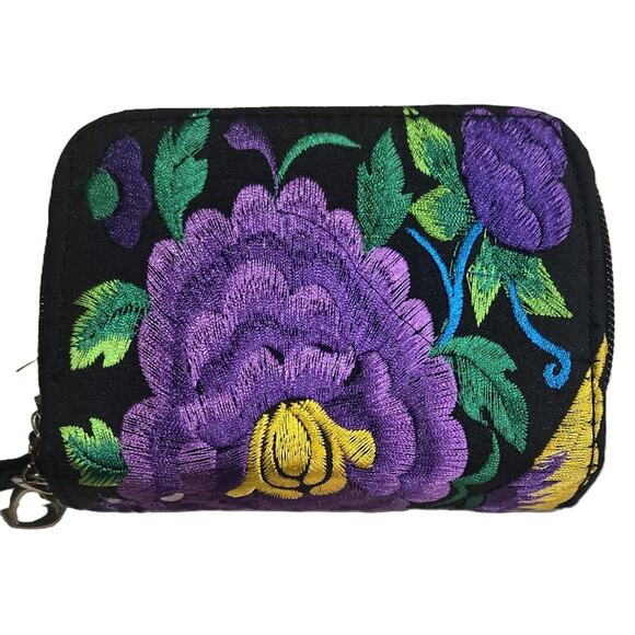 Adorable Jeweled-Colored Embroidered 3-Zip Around Pocketed Wristlet Wallet - Picture 2 of 6